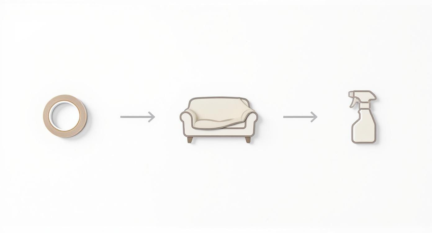 Infographic showing the process of protecting furniture with three icons: sticky tape, a sofa cover, and a deterrent spray.