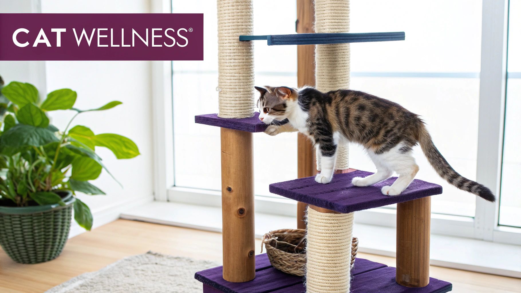 A playful tabby cat explores a multi-level modern wood cat tree with purple platforms and scratching posts.