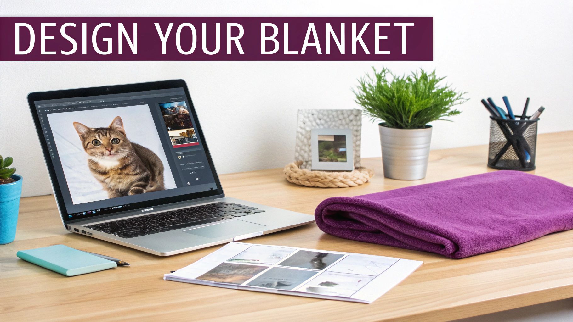A laptop displaying a cat photo on screen, a folded purple blanket, and 'DESIGN YOUR BLANKET' text on a wooden desk.