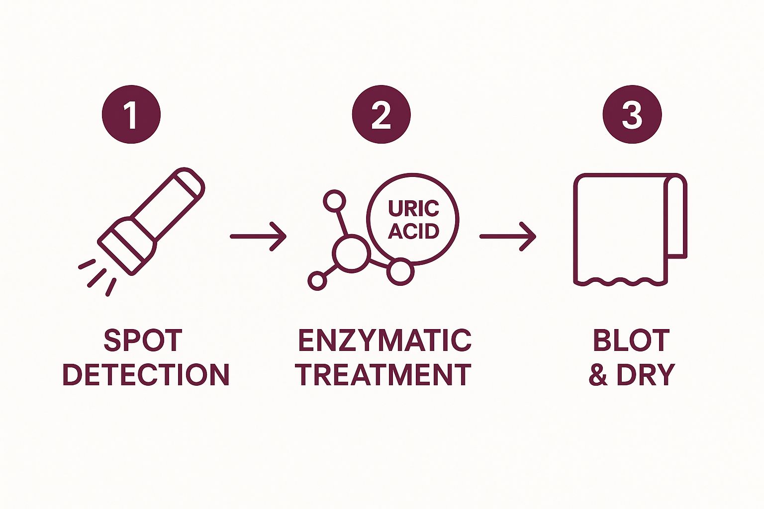Infographic with three steps: Spot Detection with a UV blacklight icon, Enzymatic Treatment with an icon of enzymes consuming uric acid, and Blot & Dry with a towel icon.