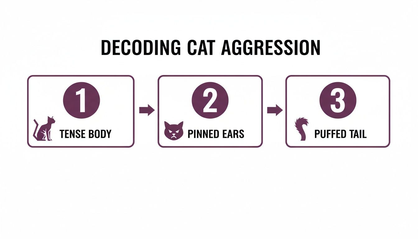 Infographic showing 3 steps to decode cat aggression: tense body, pinned ears, puffed tail.