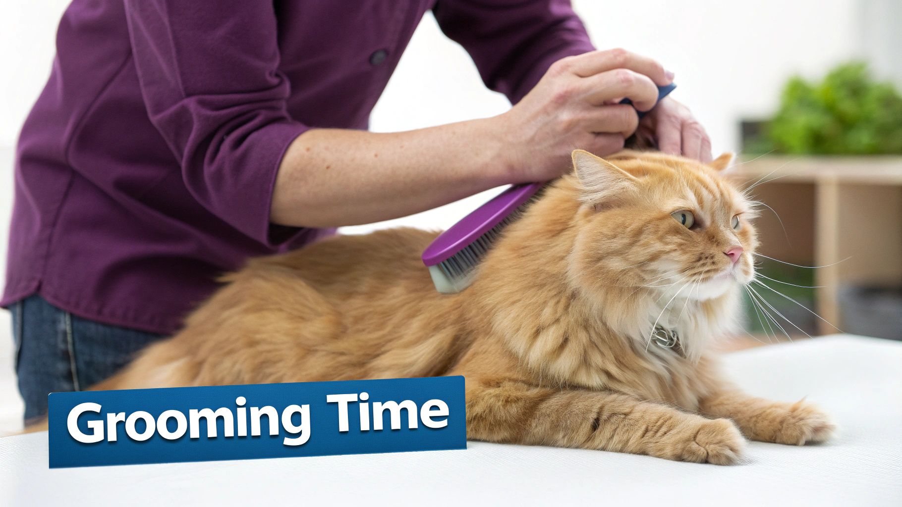A person brushing a fluffy orange domestic longhair cat with care.