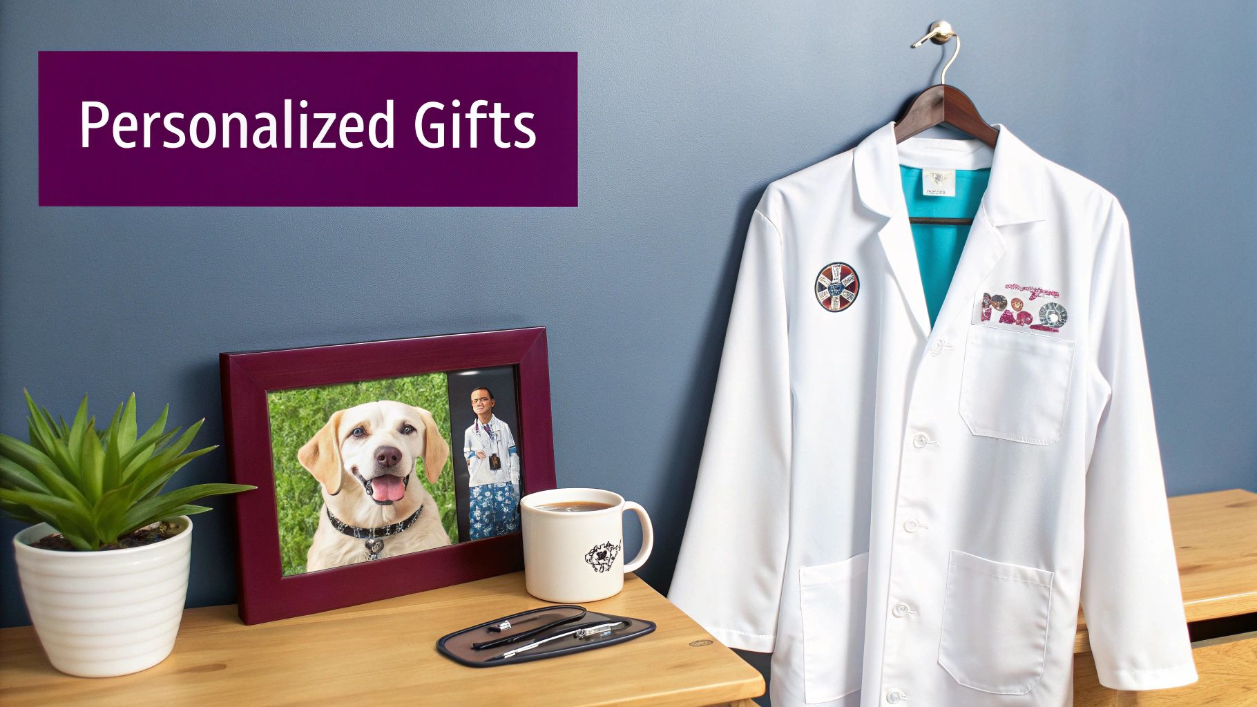 A table with personalized gifts, including a framed photo of a dog and a vet, a custom mug, and a hanging lab coat.