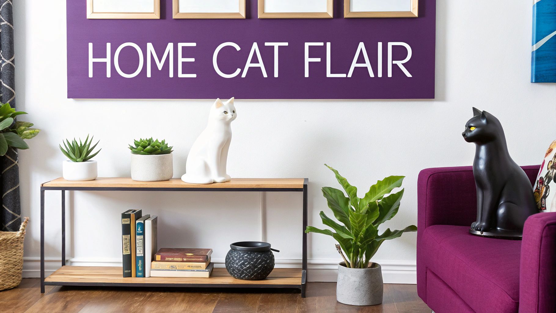 A cozy living room with cat-themed home decor items like pillows and art.