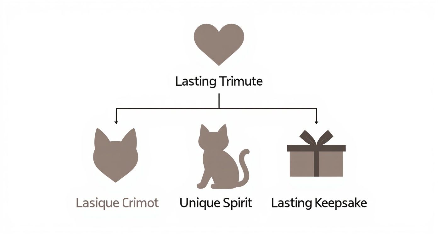 Lasting tribute memorial diagram showing three personalized cat memorial gift options with heart symbol
