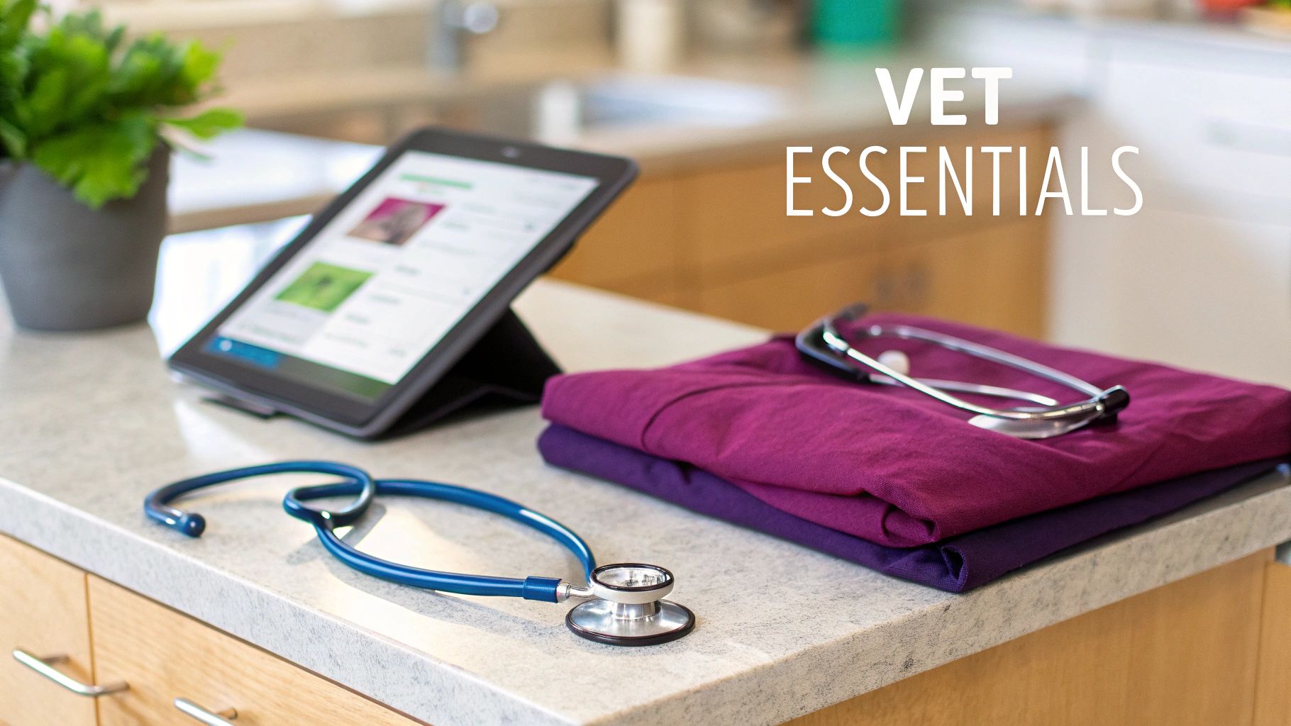 Vet essentials displayed on a counter: purple scrubs, two stethoscopes, a tablet, and a plant.