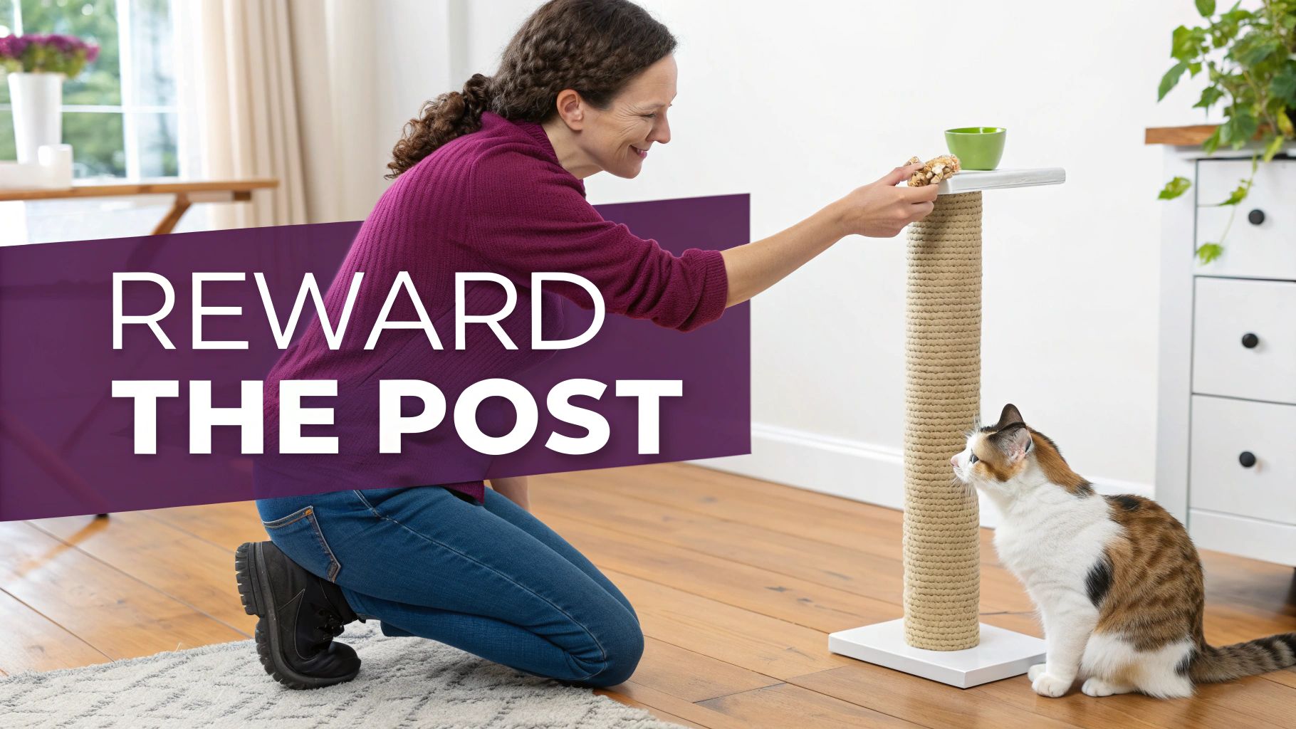 A person giving a cat a treat near a scratching post