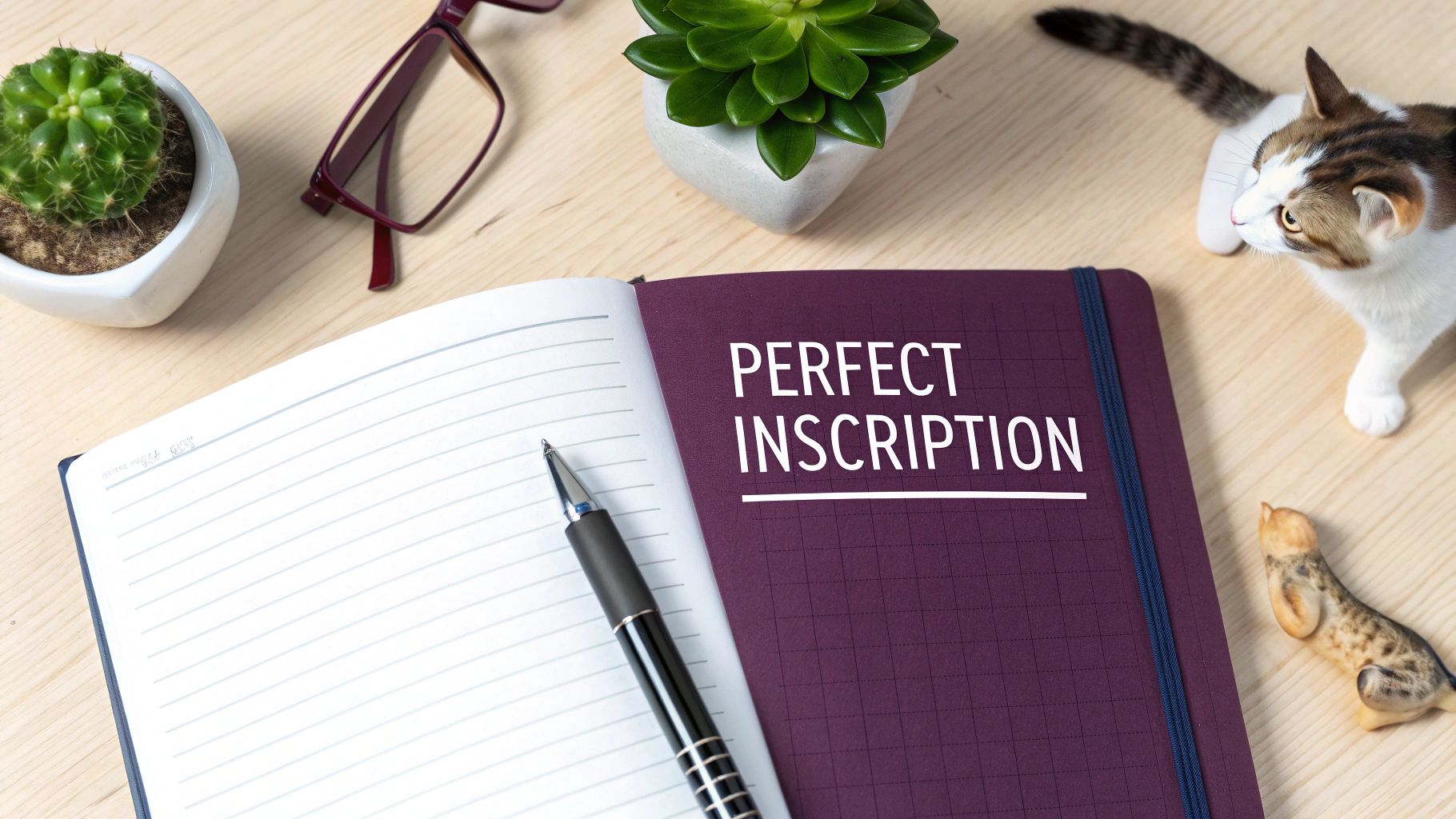 Perfect inscription journal on wooden desk with notebook, pen, plants, glasses, and cat