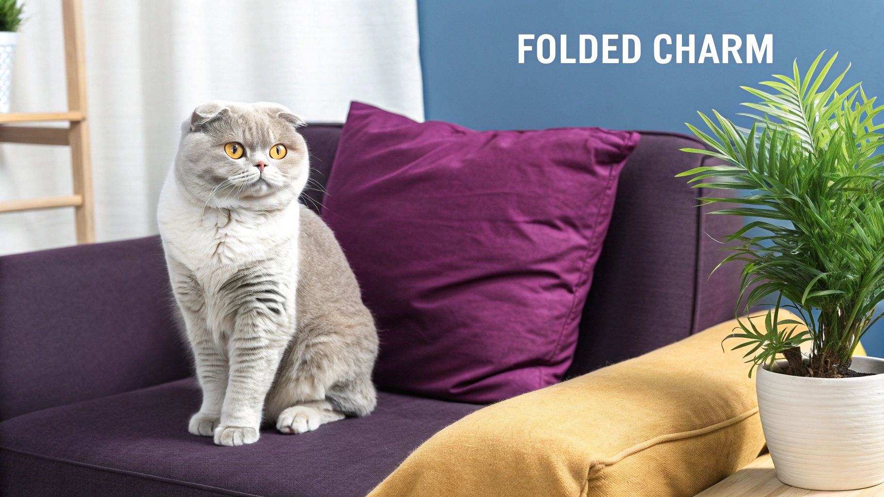 A grey and white Scottish Fold cat sits on a purple sofa with cushions and a houseplant.