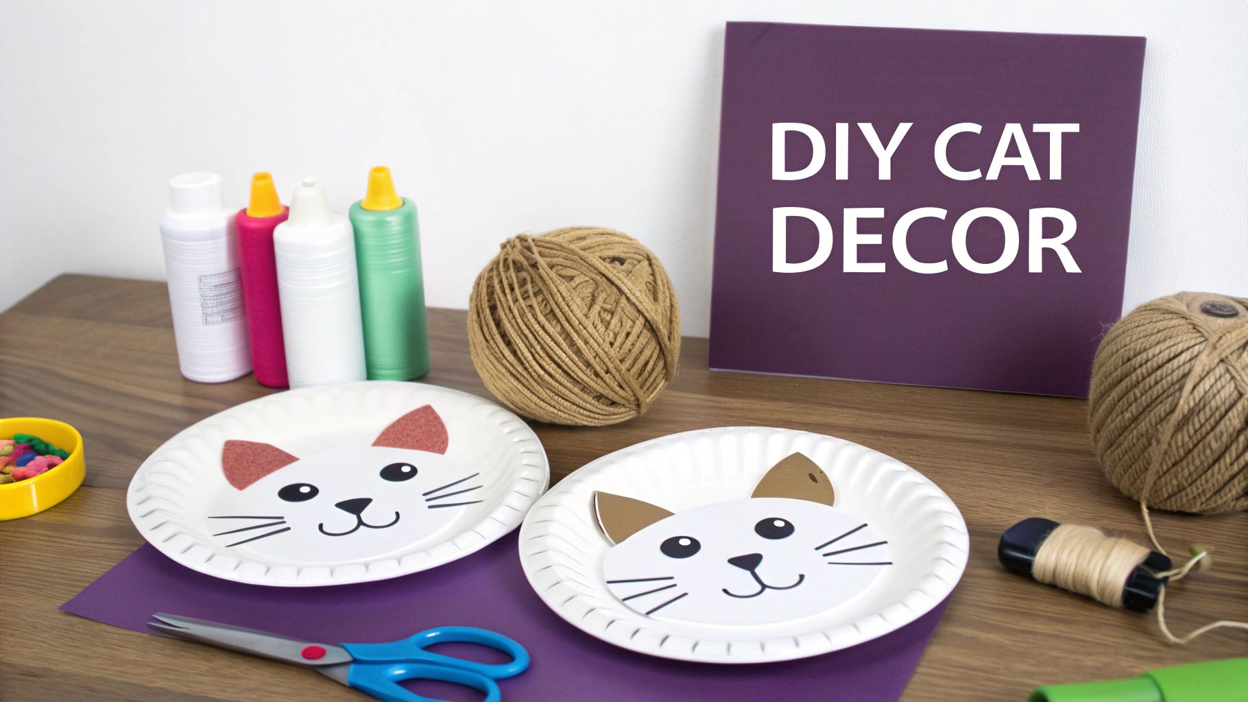 Craft supplies like paper plates, paint, yarn, and scissors on a wooden table for DIY cat decor.