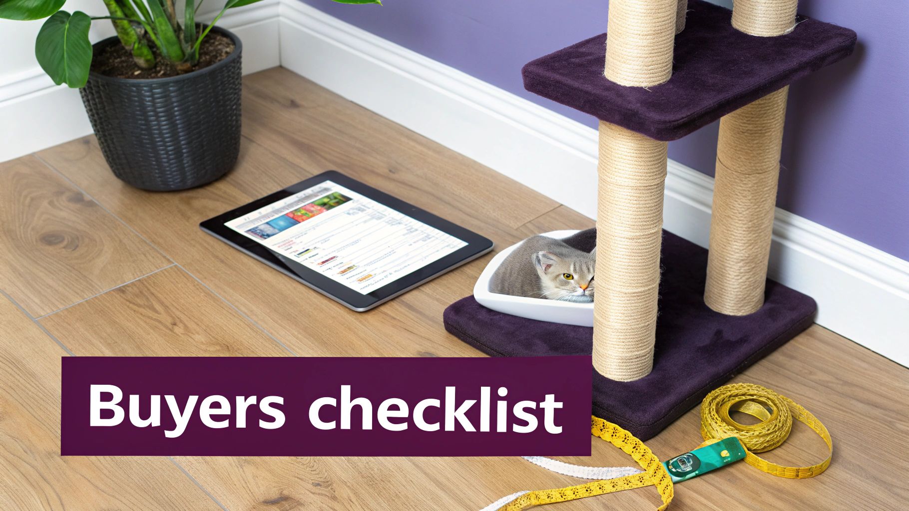 A cat peeks from its bed on a purple cat tree, near a tablet displaying a shopping site and a measuring tape on a wooden floor.