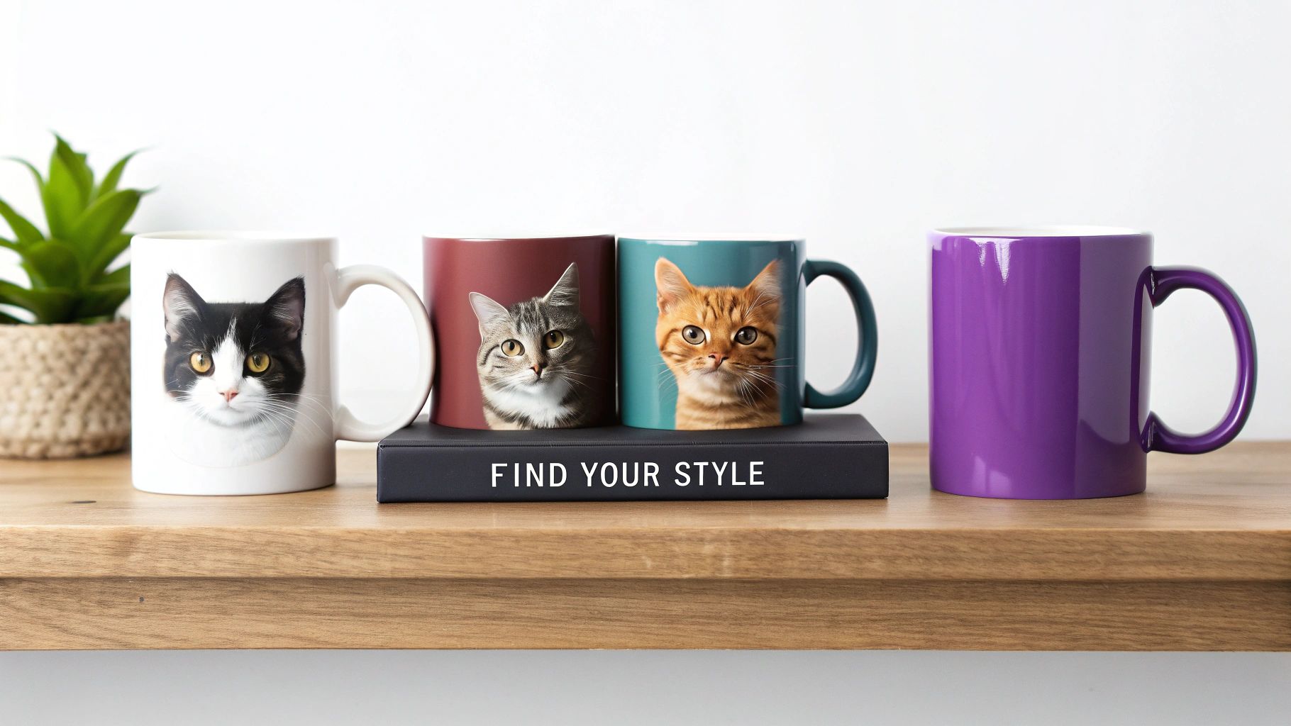 Four ceramic mugs, three featuring adorable cat faces and one solid purple, displayed on a wooden shelf.