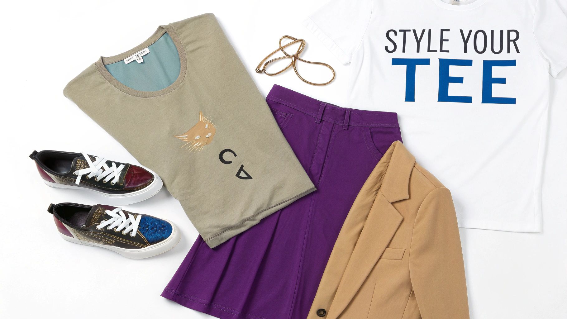 A woman wearing a cat-themed t-shirt and jeans, smiling while petting a tabby cat.