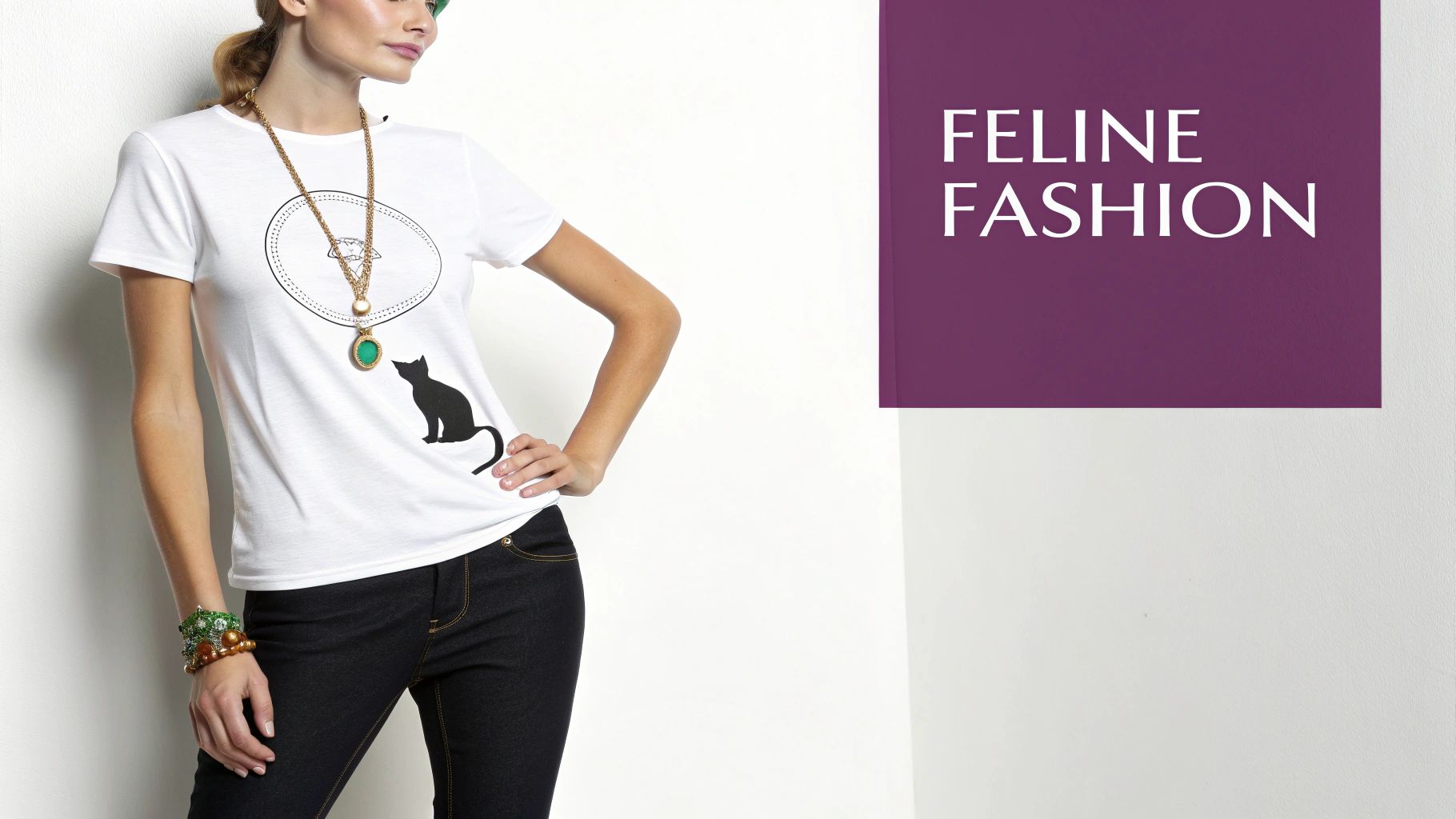 A stylish woman wearing a cat-themed necklace and holding a tote bag.