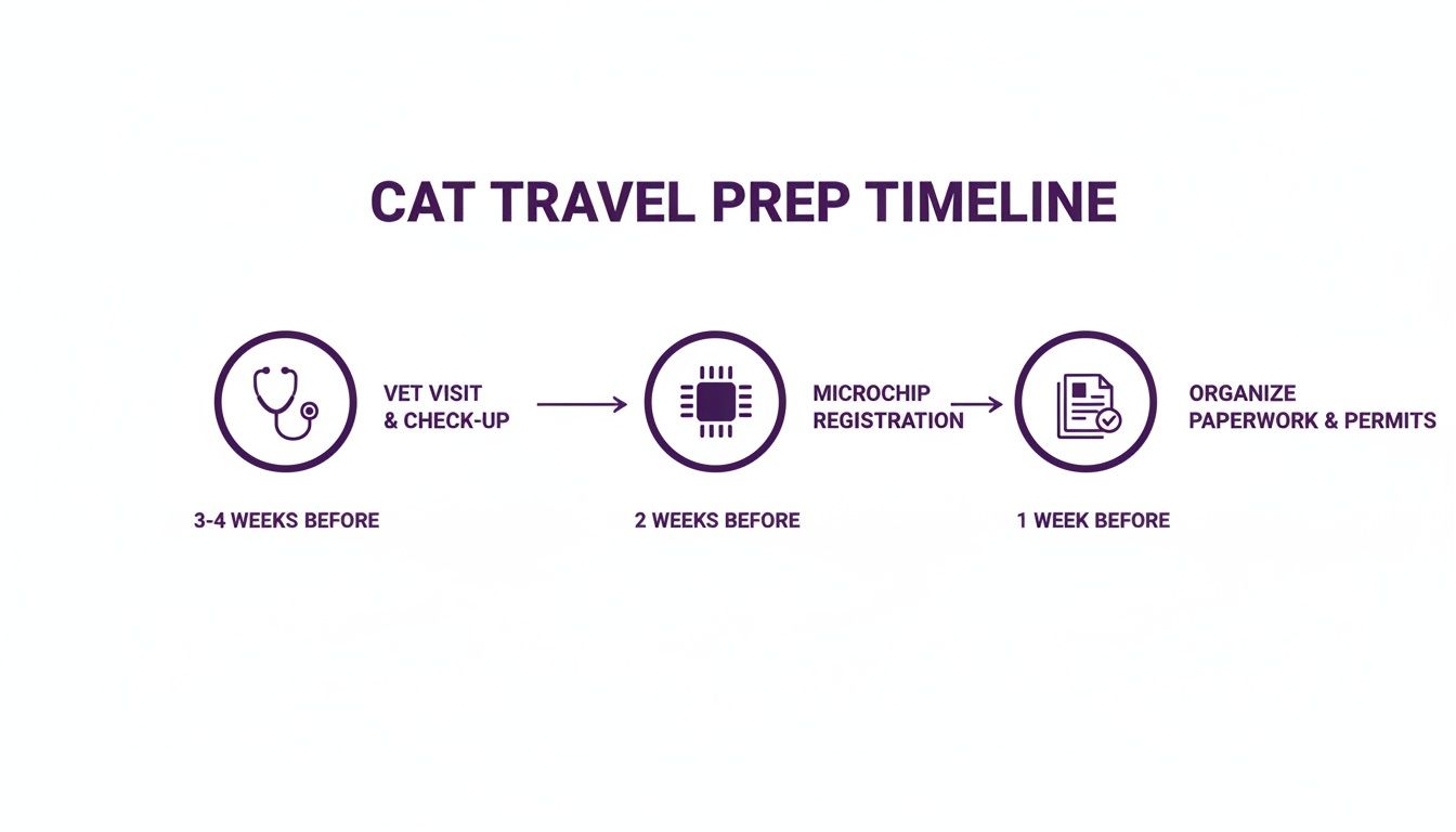 Timeline for cat travel preparation showing vet visit, microchip registration, and organizing paperwork.