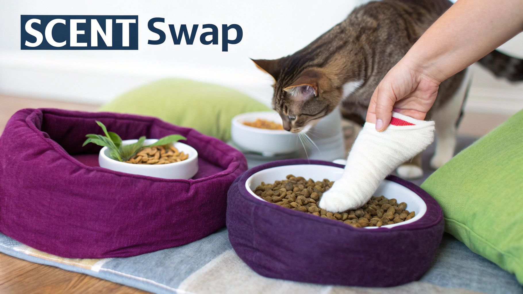 Two cats curiously sniffing a blanket on the floor.