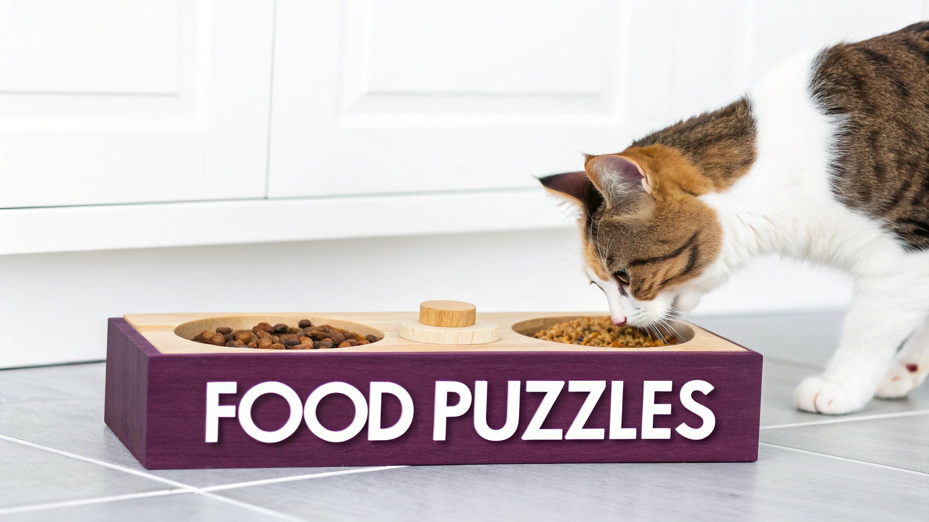 A calico cat eats dry food from a purple and wooden food puzzle feeder on a tiled floor.