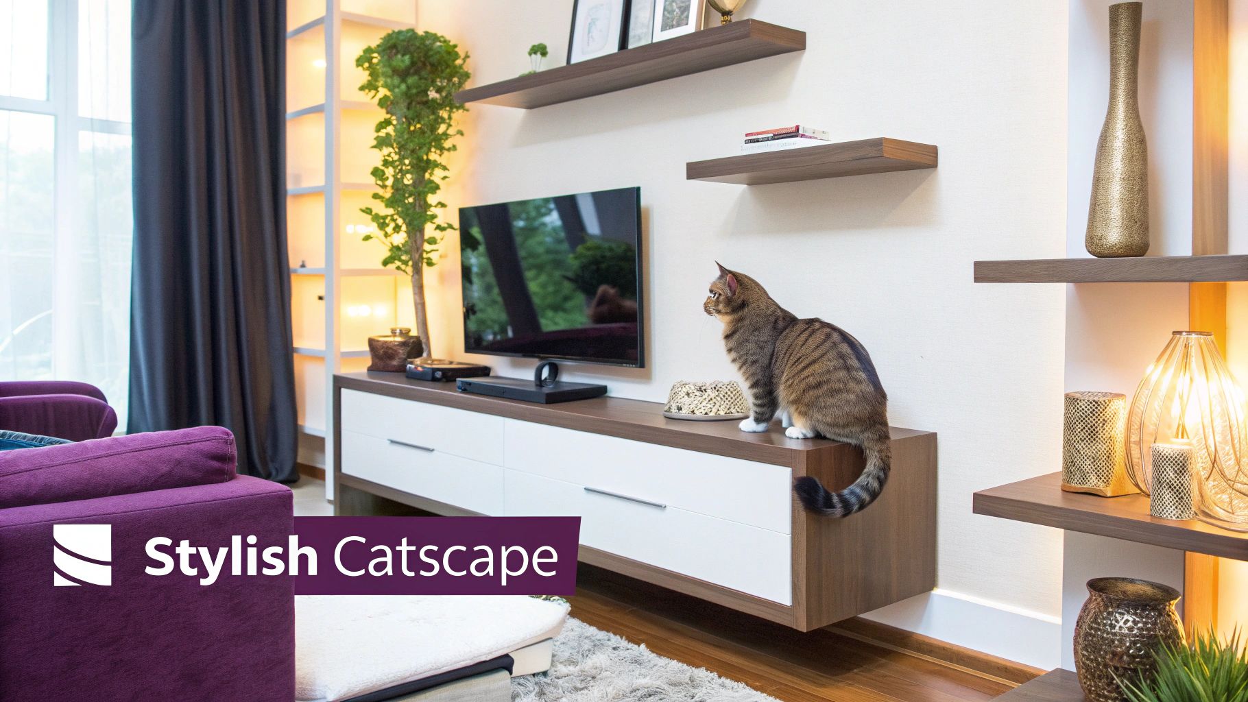 A tabby cat sits on a modern TV console in a stylish living room with floating shelves.