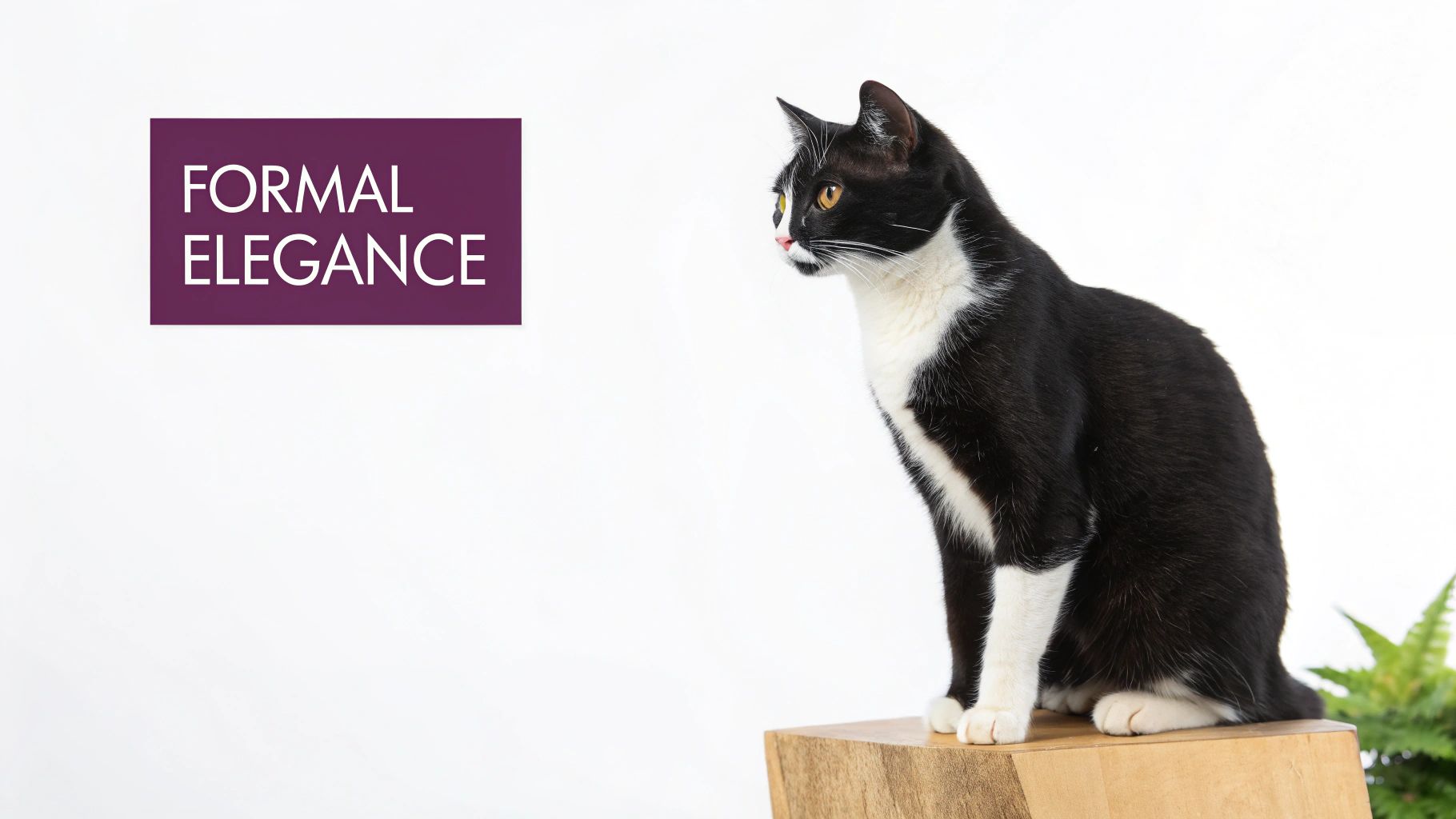 A sleek black and white tuxedo cat sits elegantly on a wooden block against a white background.