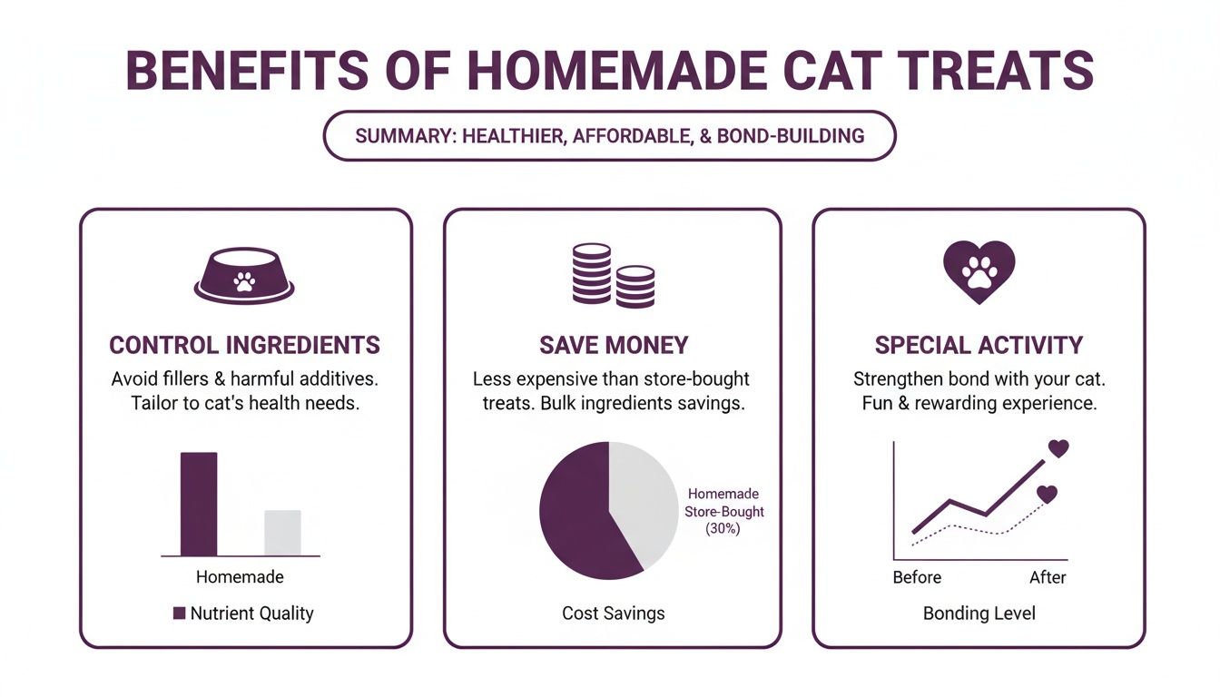 Infographic showing the benefits of homemade cat treats with icons for controlling ingredients, saving money, and bonding with your pet.