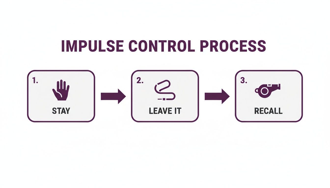 A three-step impulse control process diagram showing 'Stay', 'Leave It', and 'Recall' for pet training.