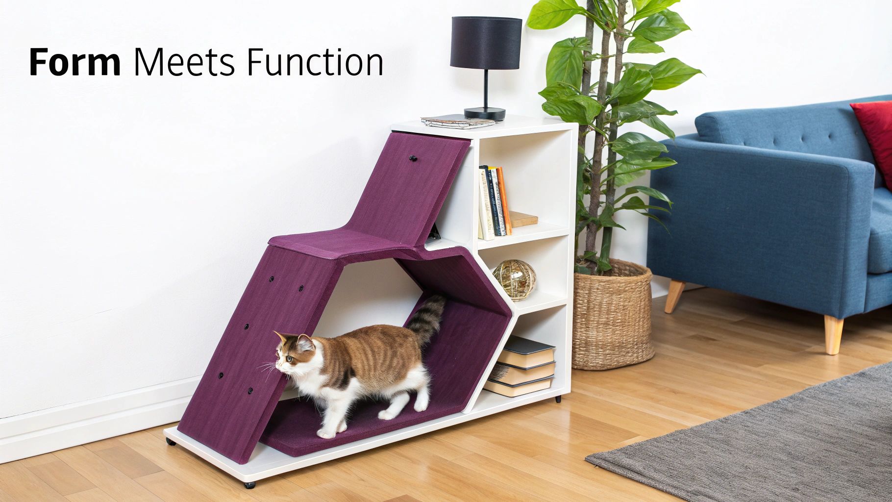 A cat walks through a unique purple cat tunnel integrated into a white modern shelving unit.