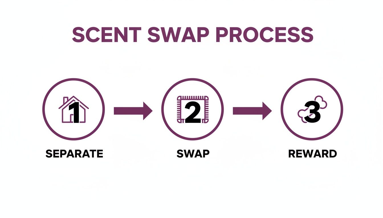 A diagram outlining the Scent Swap Process in three steps: Separate, Swap, and Reward.