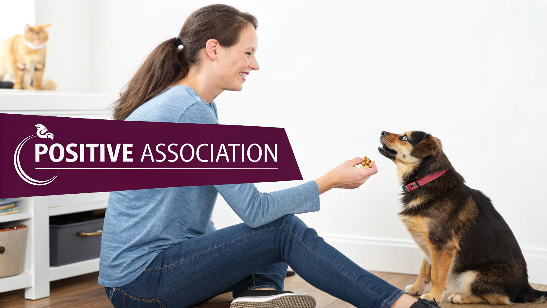 A smiling woman offers a treat to her dog, promoting positive association, with a cat nearby.