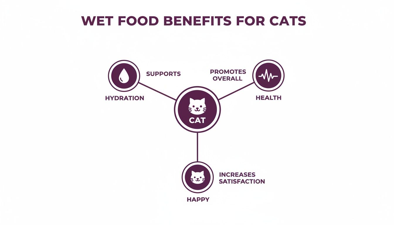 Diagram illustrating the benefits of wet cat food: supports hydration, promotes overall health, and increases cat satisfaction.