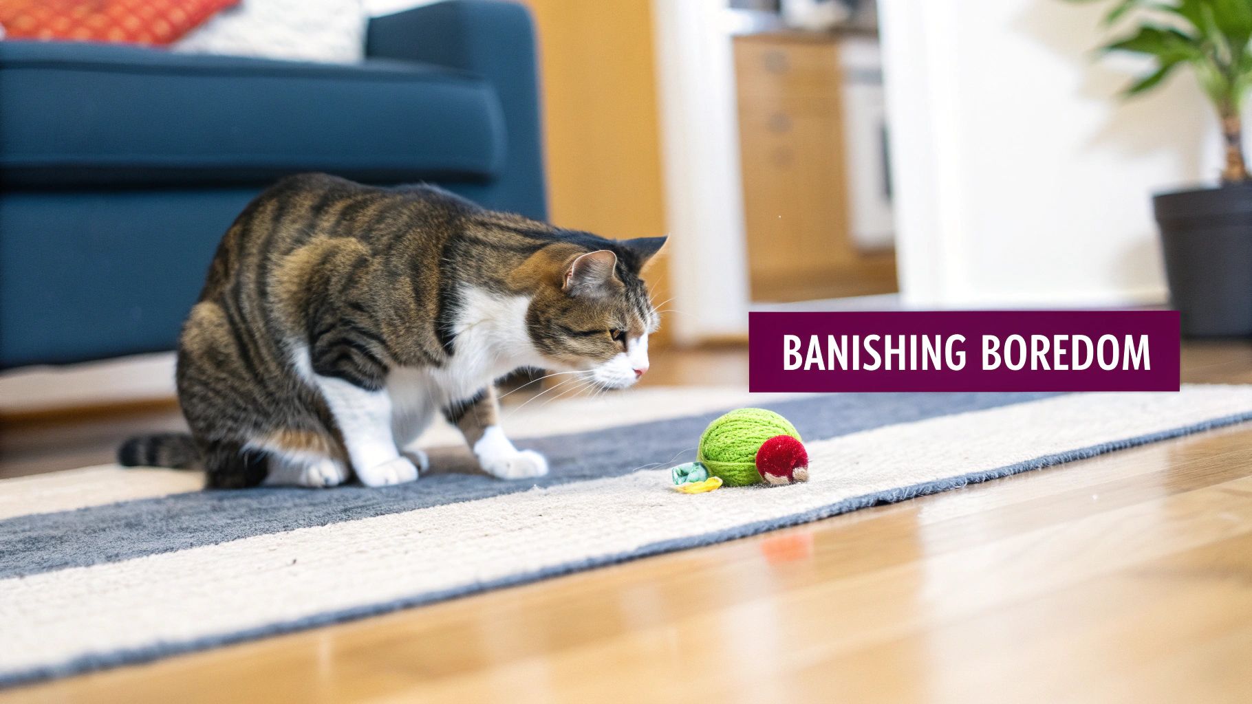 A tabby and white cat intently watches a green yarn ball and red pom-pom toy on a striped rug.