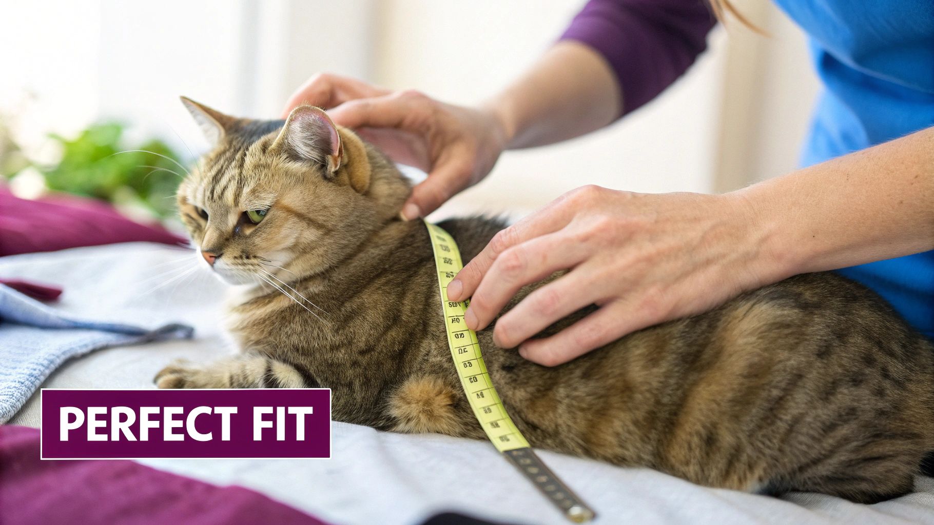 Close-up of hands measuring a brown tabby cat's neck with a yellow tape, ensuring a perfect fit.