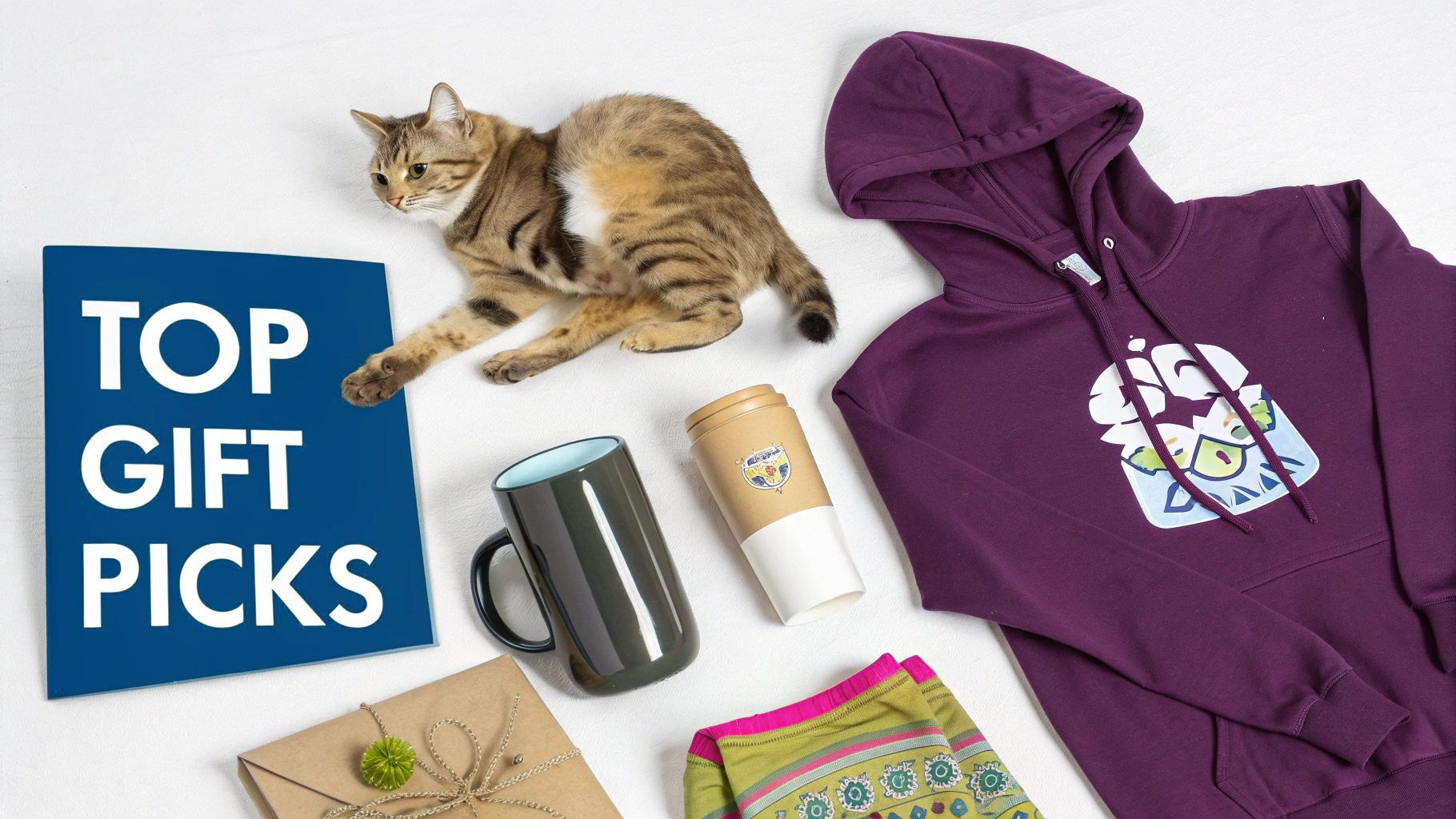 A tabby cat among top gift picks: a hoodie, mug, socks, and a wrapped present.