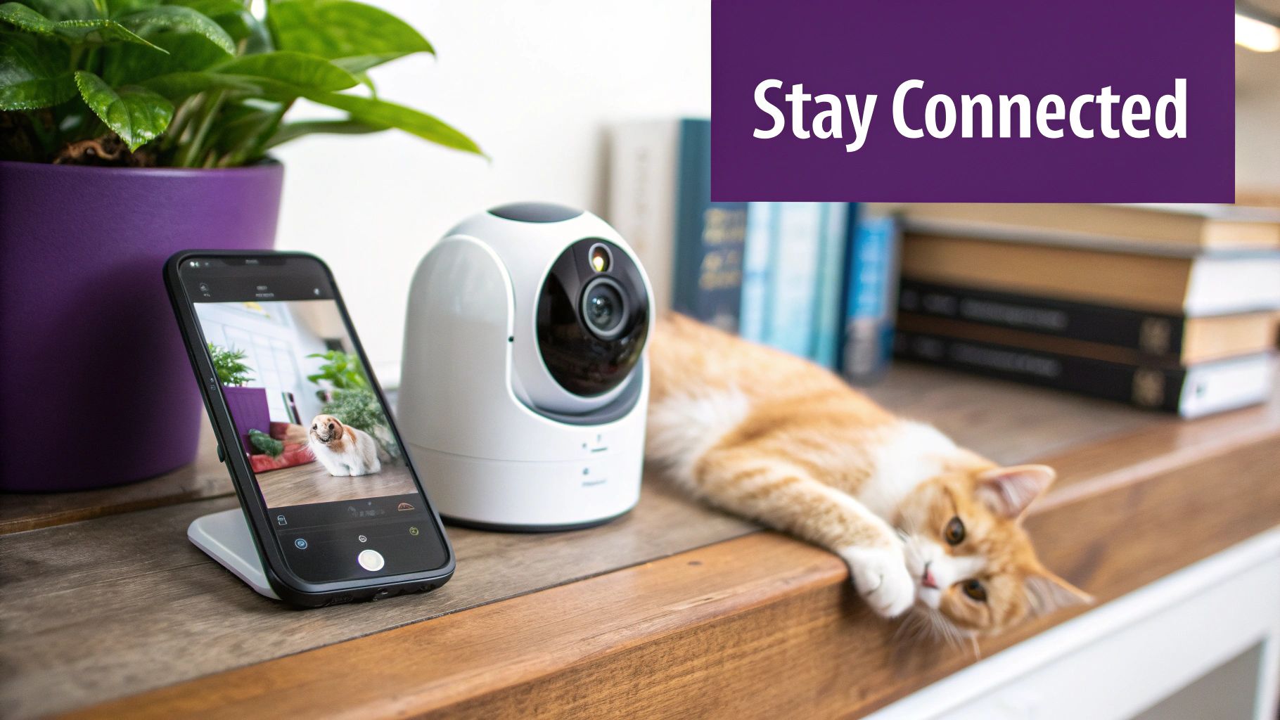 A person using a smartphone to interact with their cat through a pet camera that dispenses treats.