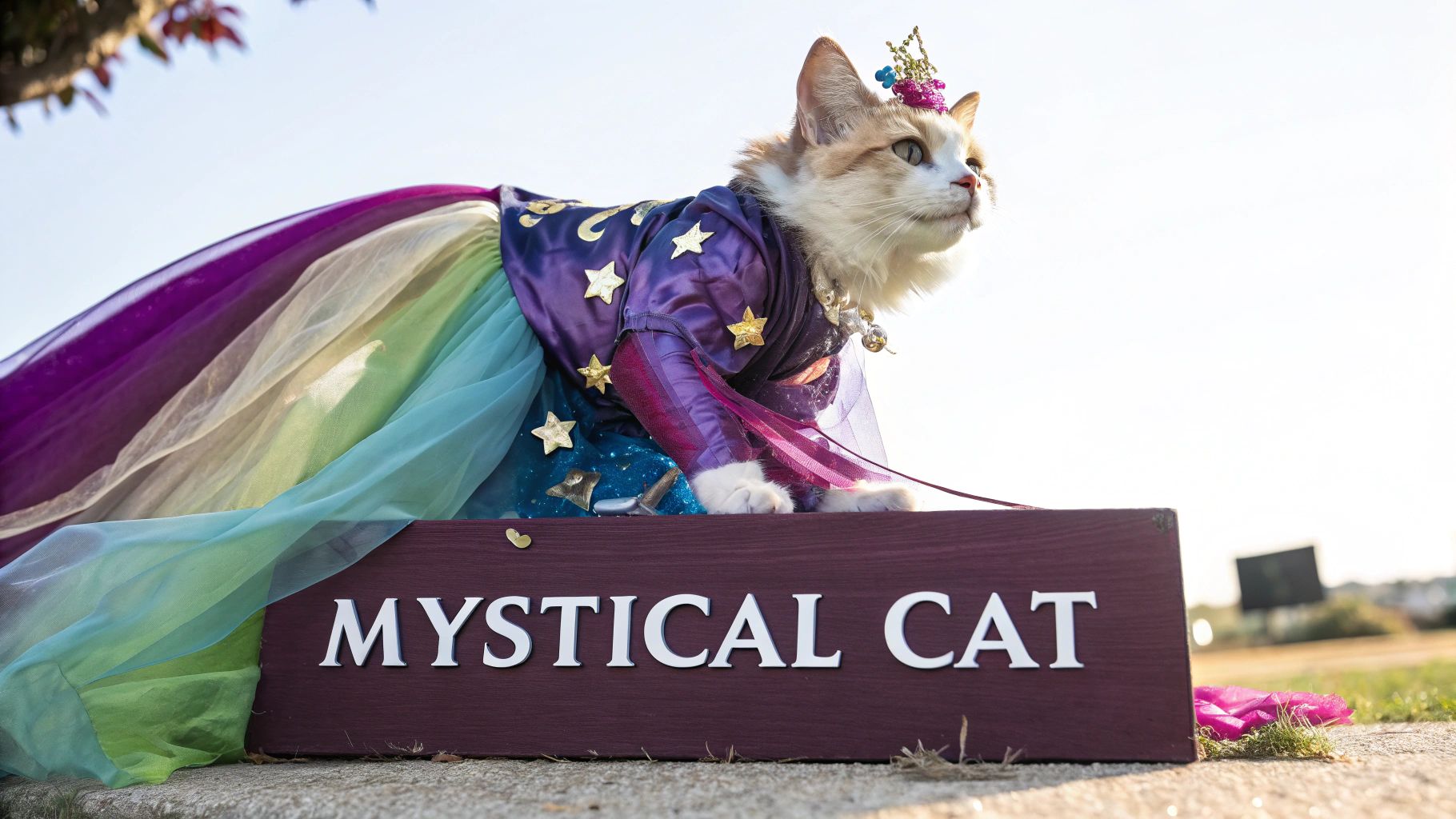 A majestic cat in a colorful, mystical costume with a golden crown sits behind a "MYSTICAL CAT" sign.