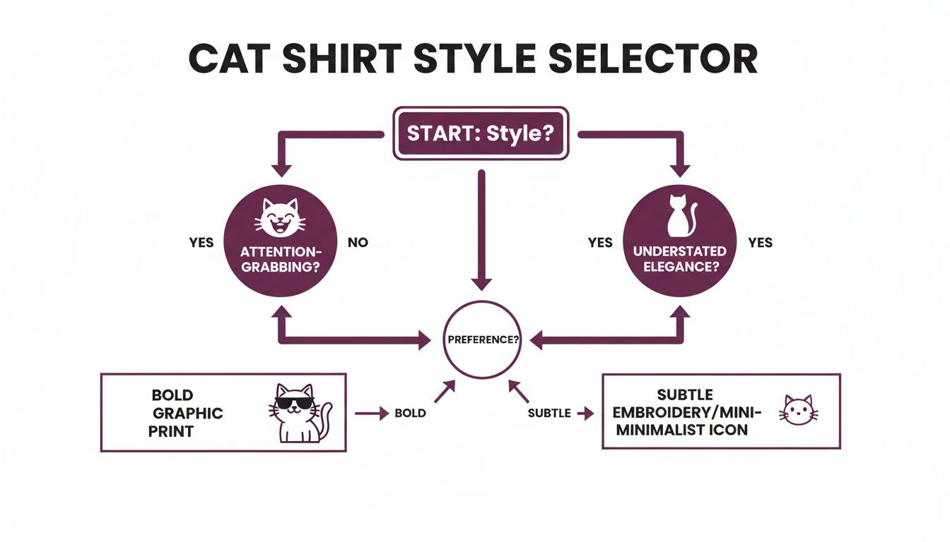 Flowchart guiding cat lovers to choose between bold graphic prints and subtle minimalist cat shirt styles.