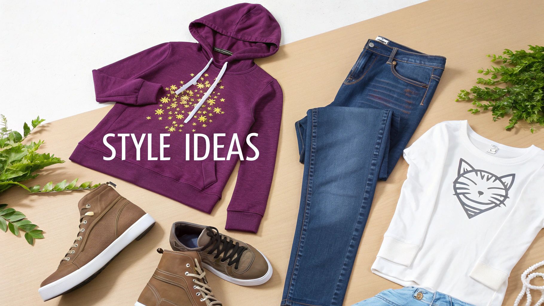 Stylish casual clothing including a cat print shirt, hoodie, jeans, and sneakers on a light background.