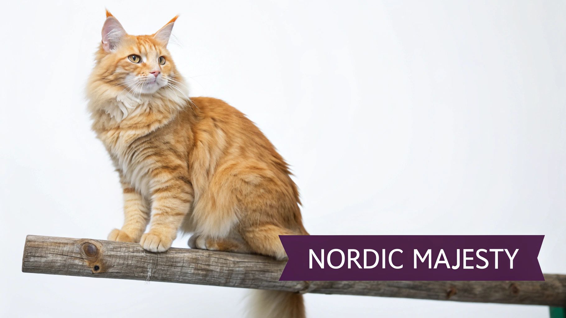 A majestic orange fluffy Norwegian Forest Cat sits on a wooden beam with 'NORDIC MAJESTY' text.