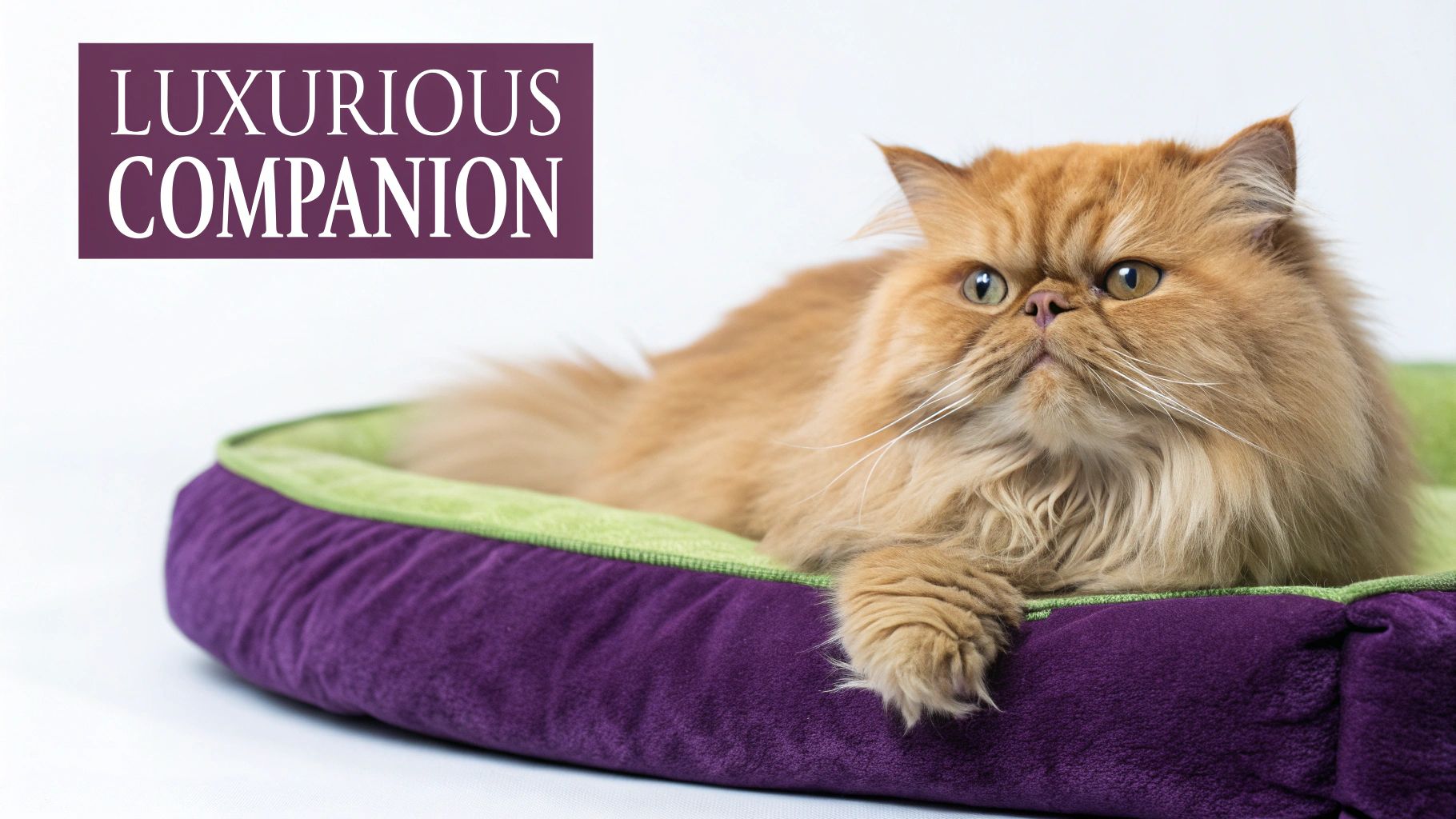 A fluffy orange Persian cat with green eyes lies comfortably in a purple and green pet bed.