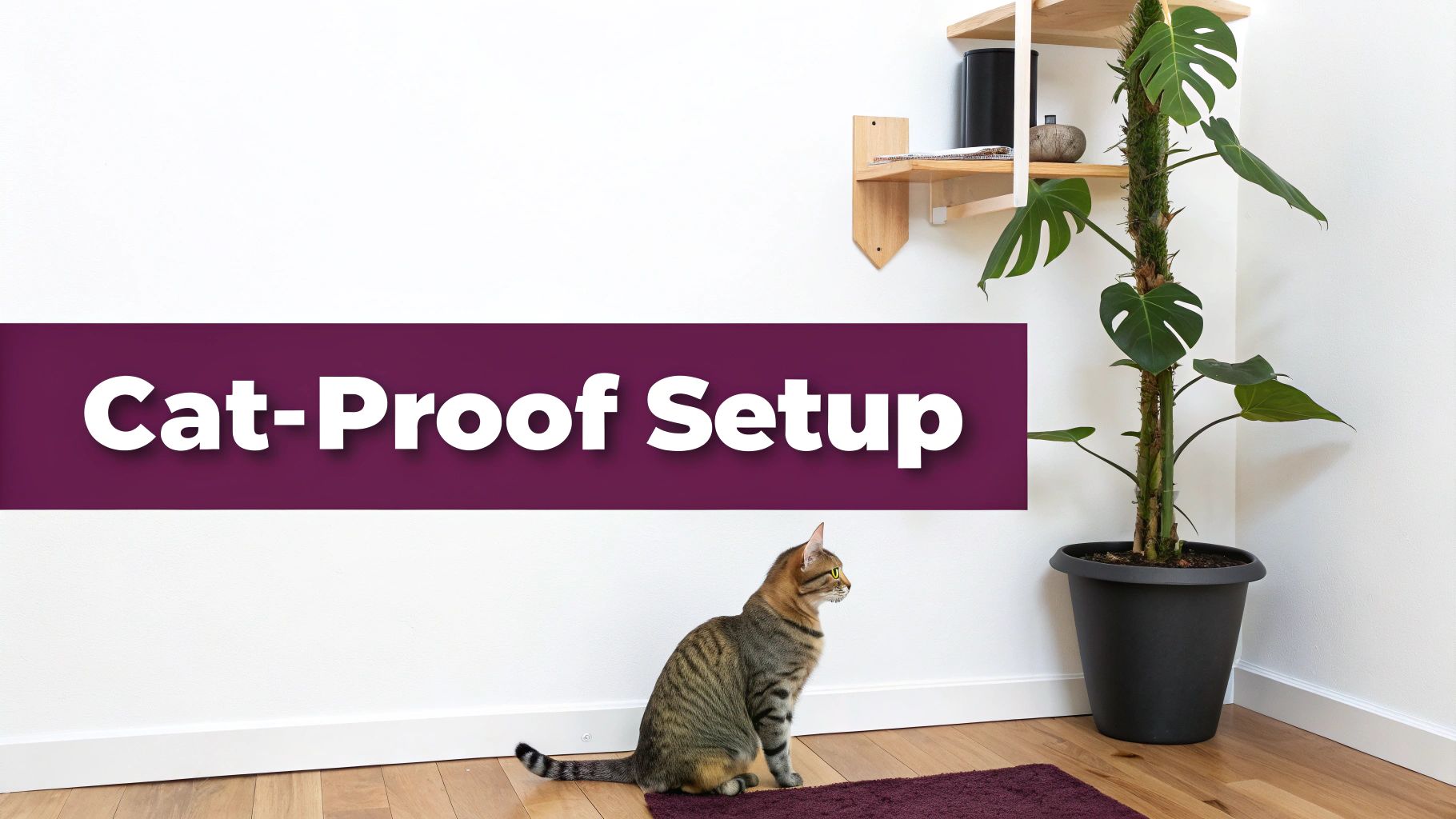 A tabby cat sits on a purple rug next to a tall houseplant, with "Cat-Proof Setup" text overlay.