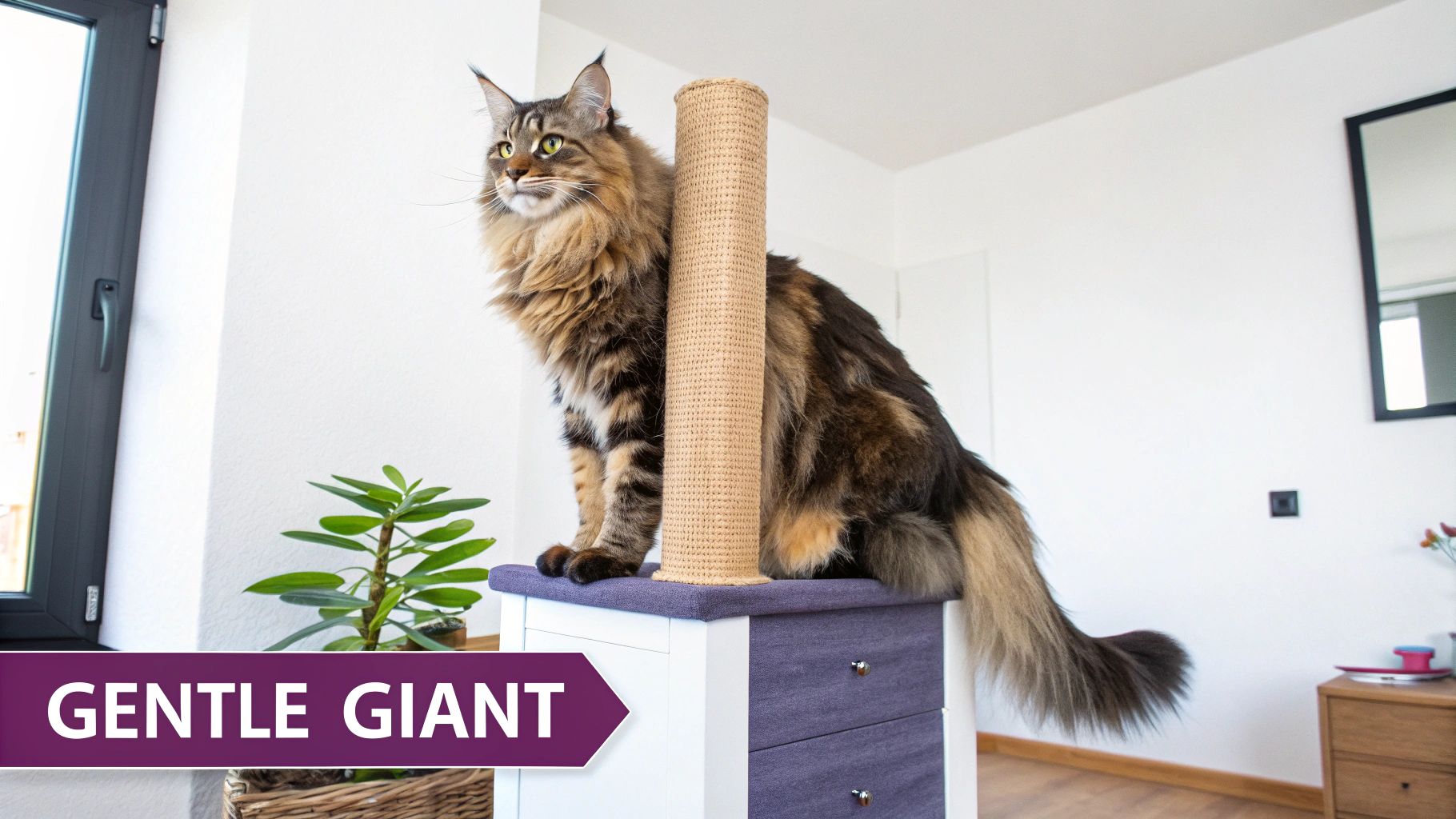 A fluffy Maine Coon cat sits on a purple and white cat scratching post furniture.
