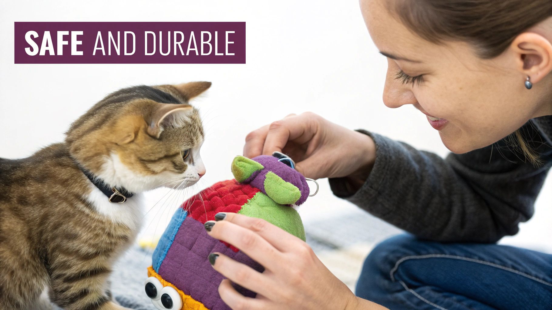 A woman and a curious tabby cat look at a colorful, safe, and durable plush cat toy.