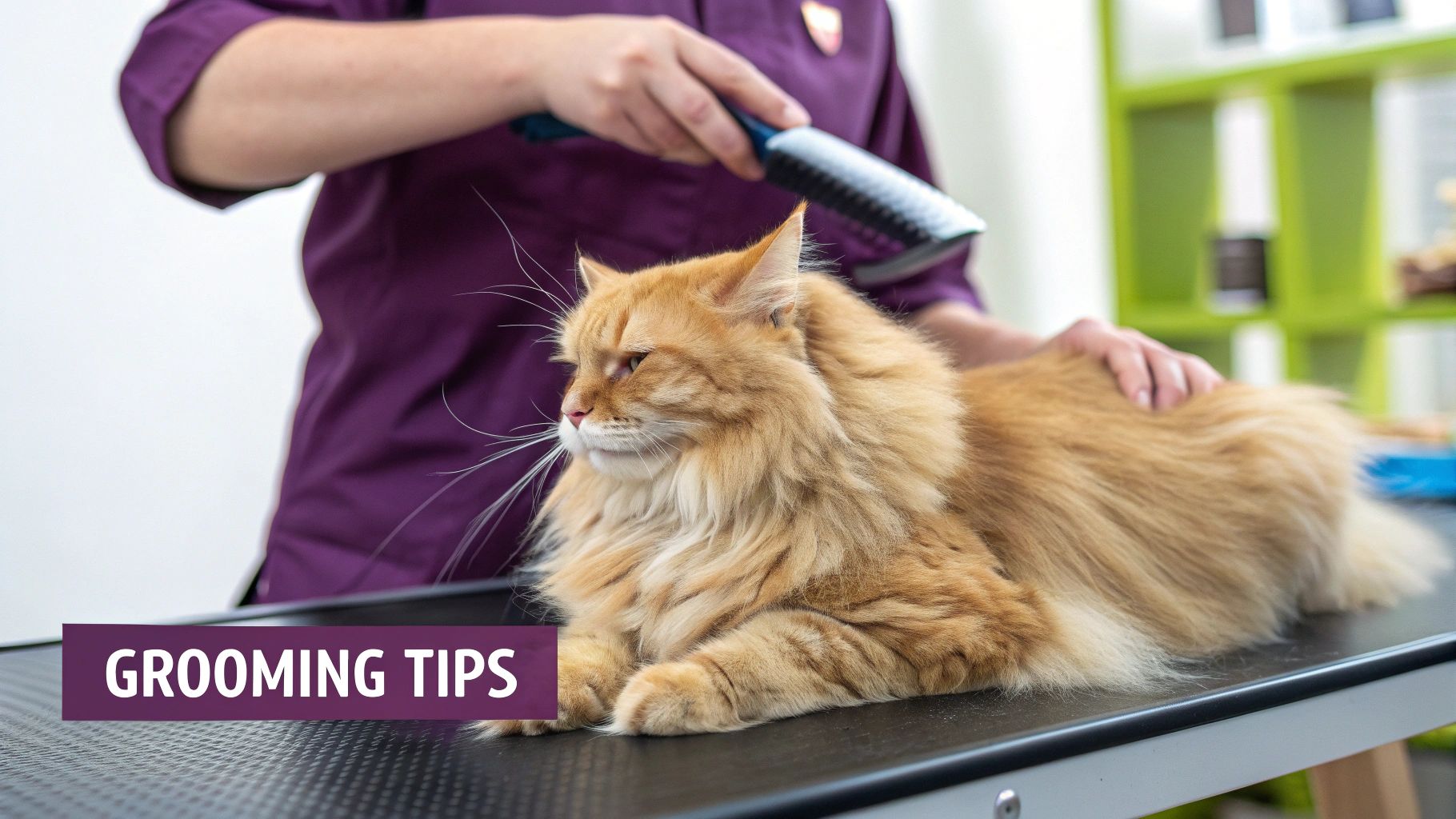 A person grooming a fluffy long haired orange tabby cat with a brush.