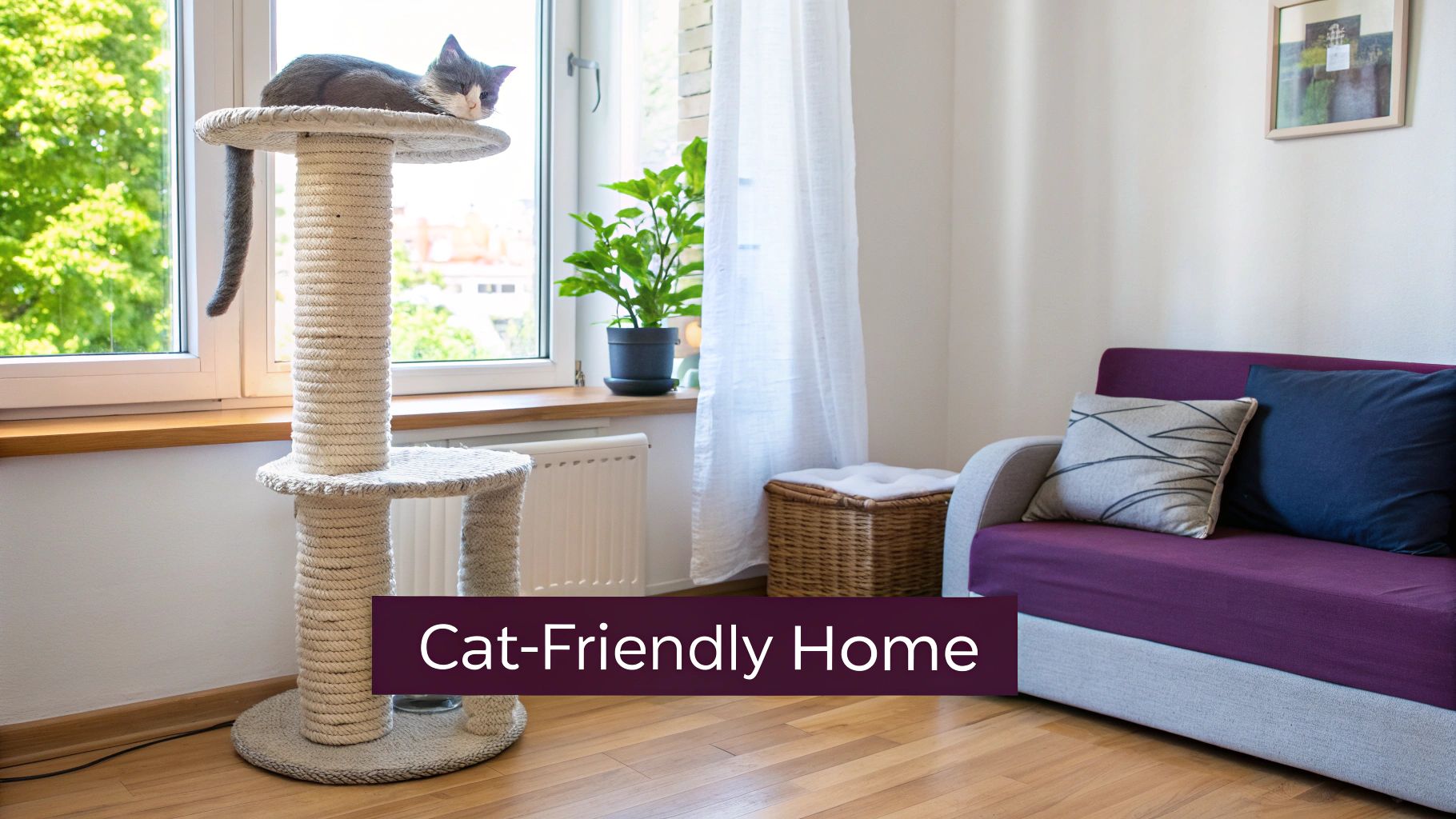 A cozy, cat-friendly living room with a gray and white cat sleeping on a scratching post by a window.