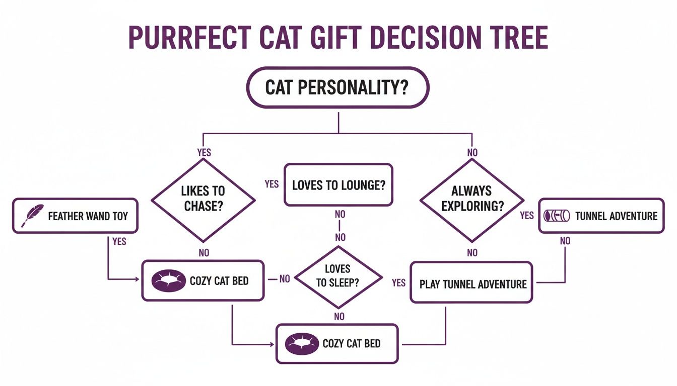 A Purrfect Cat Gift Decision Tree flowchart, guiding gift selection based on cat personality.