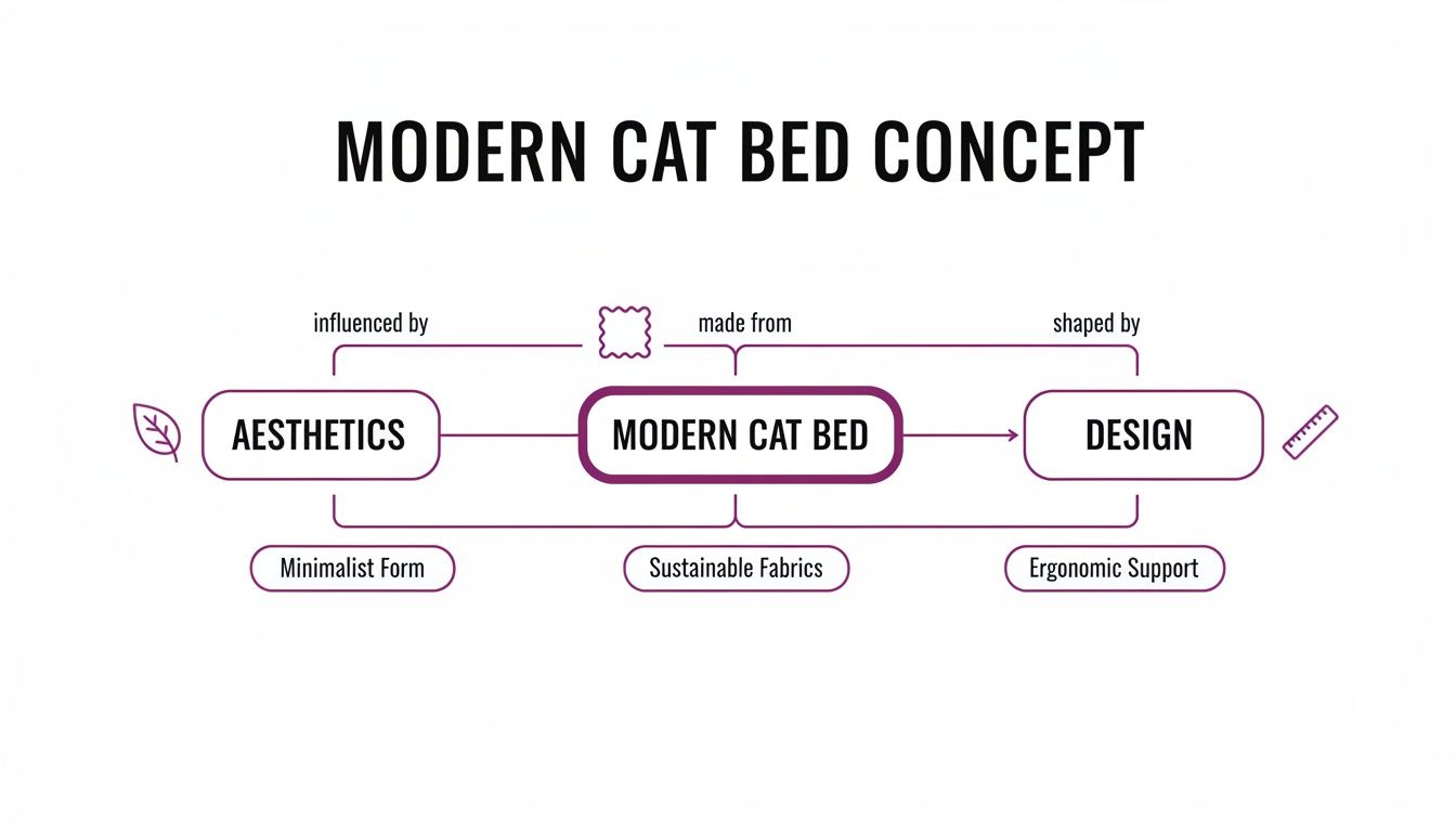 Flowchart for a modern cat bed concept, detailing aesthetics, materials, and ergonomic design principles.