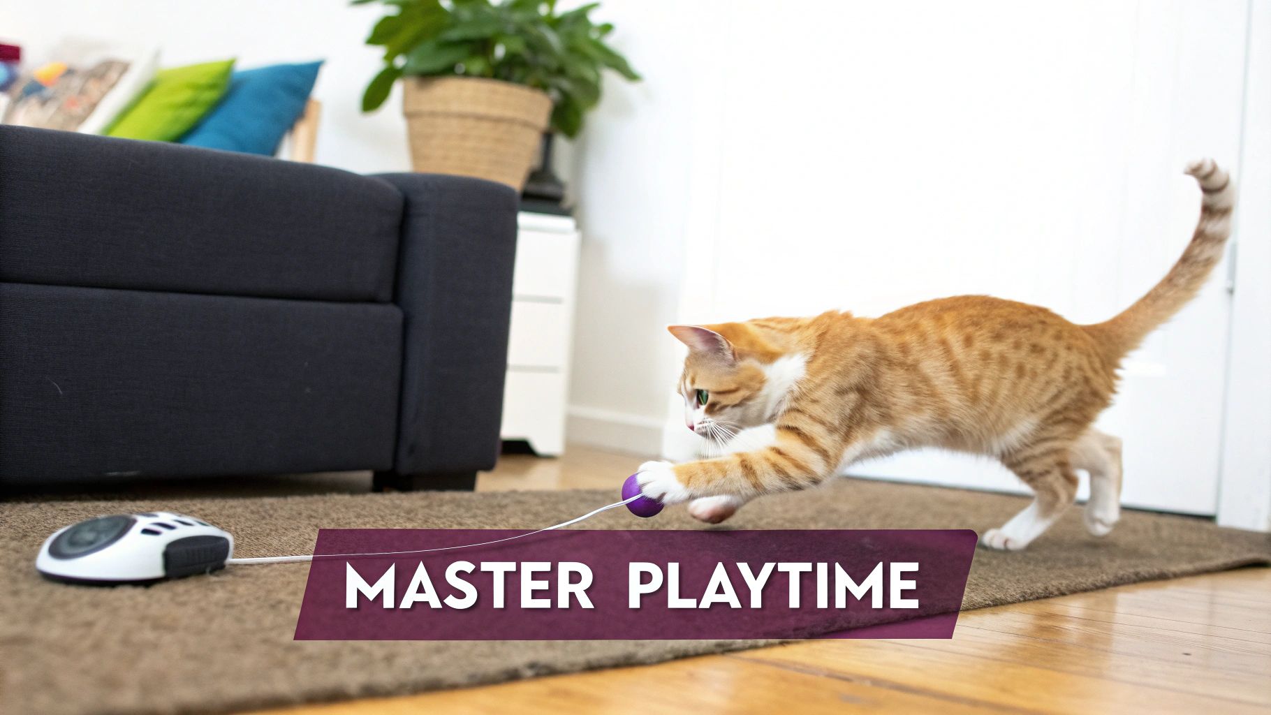 An active orange and white tabby cat eagerly pounces on a remote-controlled toy mouse with a purple ball on a brown mat.