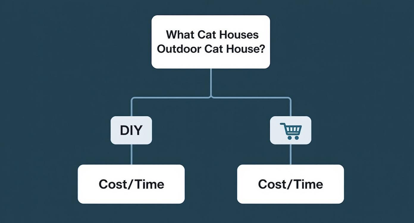 A flowchart comparing options for outdoor cat houses: DIY versus buying, both considering cost and time.