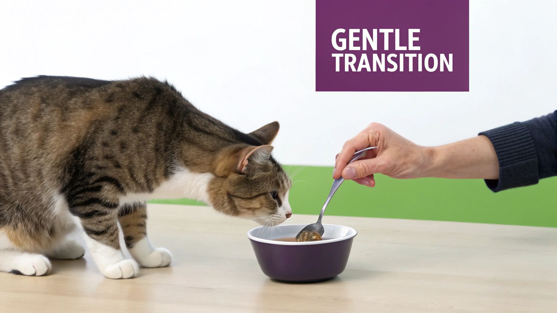 A person gently feeds a tabby cat from a purple bowl with a spoon.