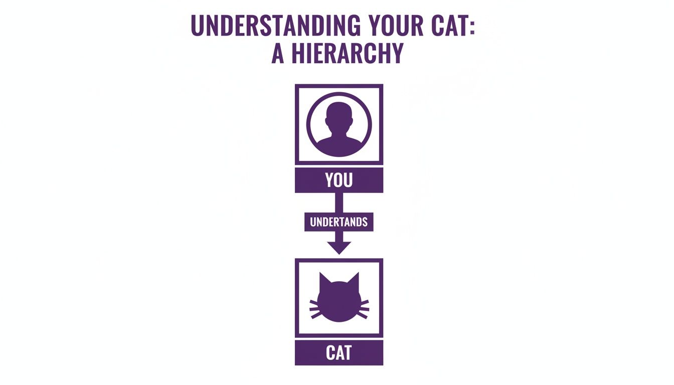 A humorous purple hierarchy chart titled 'Understanding Your Cat' showing 'You' at the top understanding 'Cat'.