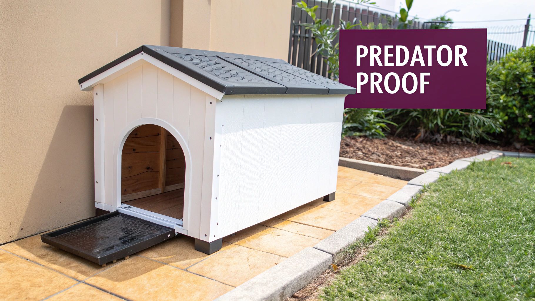 A white predator-proof dog house with a dark grey roof and pull-out tray sits on a patio.